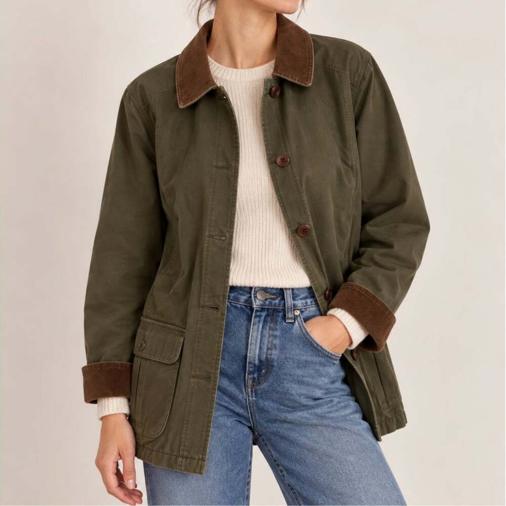 L.L.Bean Olive Green Barn Coat Jacket Corduroy Collar Quilted Lined Medium